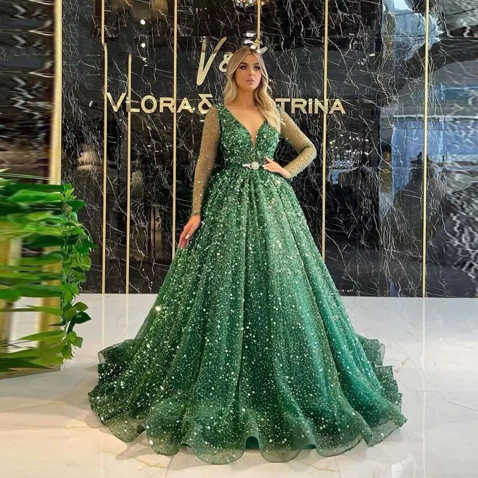 Emerald green gown long sleeve shop