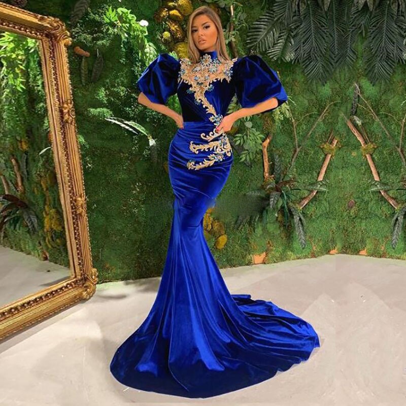 sachin and babi light blue dress Simple Mermaid Velvet Dark Blue Long Prom Dress, Dark Blue Long Formal –  shopluu main image 1