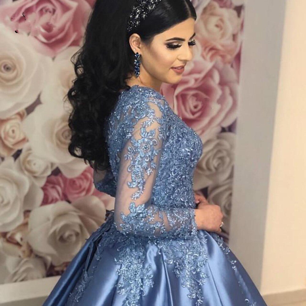 sachin and babi light blue dress ₪809-Vintage Blue Muslim Prom Dresses Lace Beads With Full Sleeves Puffy  Ball Gown For Wedding Saudi Arabic Long Formal Eveni-Description