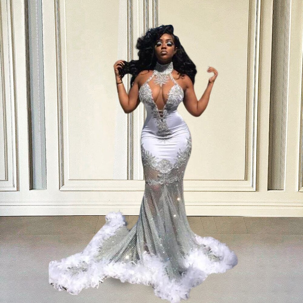 White feather hotsell prom dress