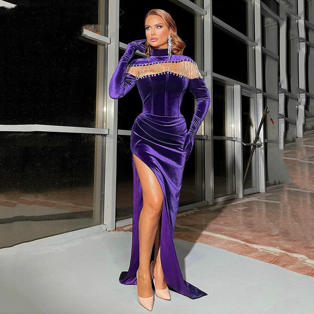 Purple velvet long sleeve dress store