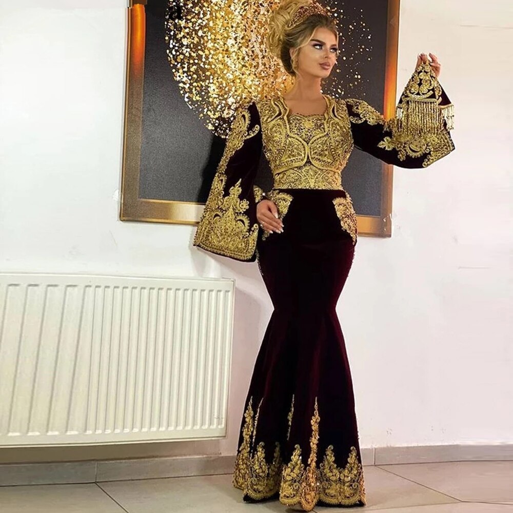 622- Classic Kosovo Vestidos Formales Velvet Evening Dresses Flared  Sleeves Applique Lace Mermaid Prom Dress Robe De Soi-Description