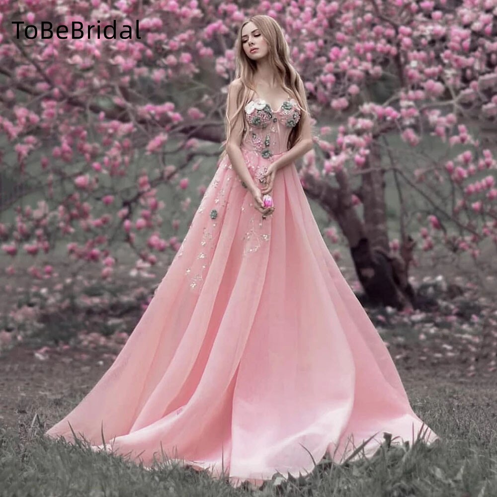 Pink Flowers Embellished Fairy Tulle Wedding Ball Gown - VQ