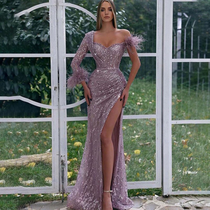 499-Tobebridal Light Purple Feather One Shoulder Sleeve Evening Dresses  Tulle Side High Split Prom Dress Glitter Dubai Party-Description