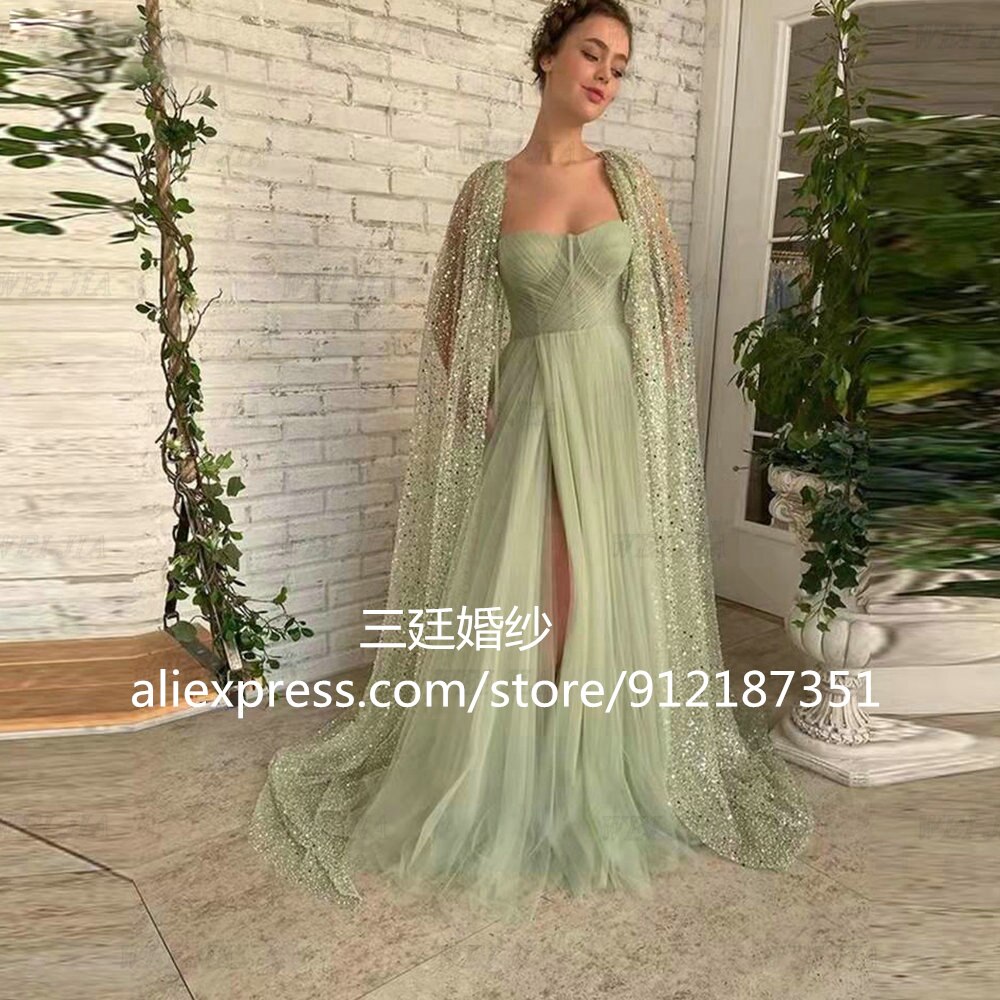 482-Matcha Green Prom Dresses Sequins Shawl Side Slit A Line Tulle Robe De  Soire Floor Length Vestidos De Fiesta Elegantes-Description