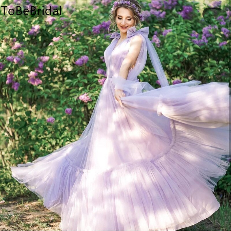 456-Fantasy Lilac Tulle Long Prom Dress Cute Bow V Neck Pleated Graduation  Gown A Line Formal Party Dress Tie Back-Description