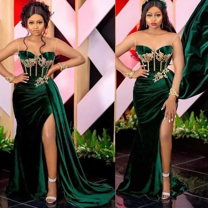 481-2023 Emerald Green African Prom Party Dresses Slit Sweetheart Arabic  Aso Ebi Velvet Plus Size Evening Occasion Gown Pr-Description