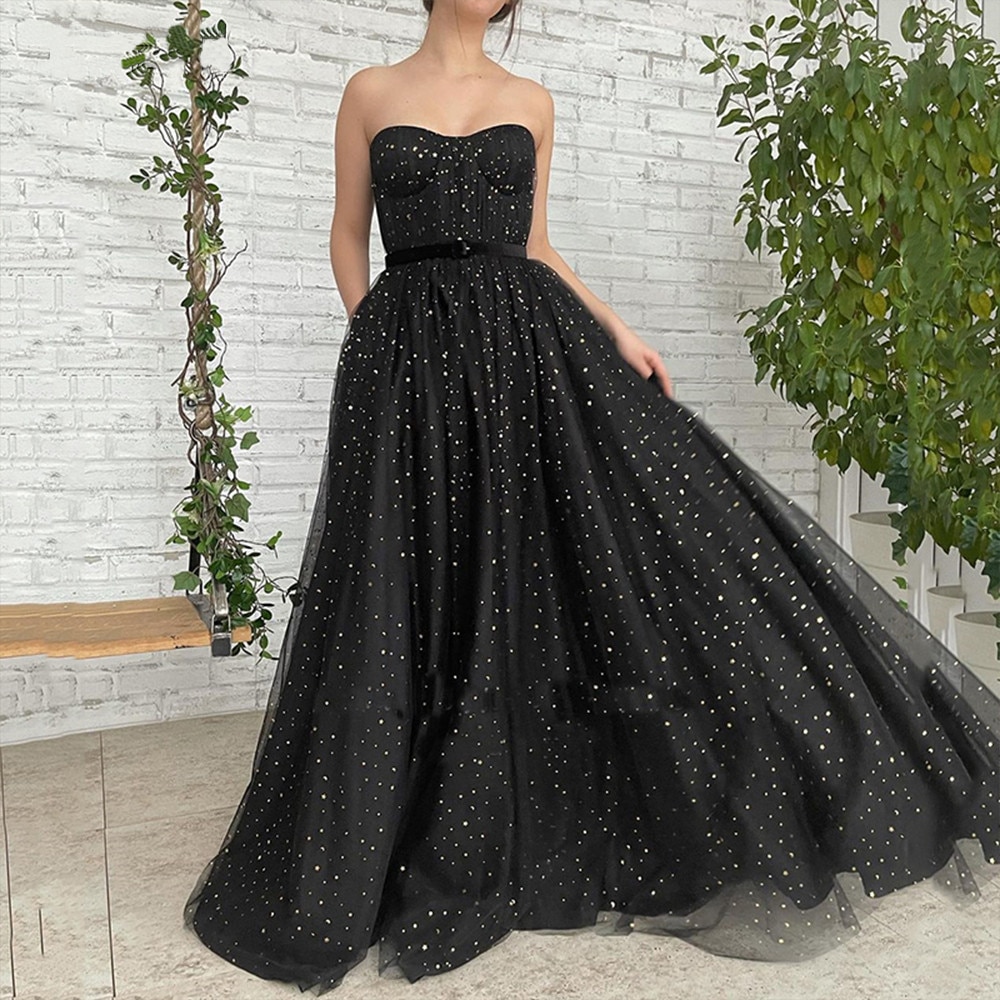 404 Black Princess Prom Dresses Sparkly Starry Tulle Strapless Long Prom Gowns Pleated A Line Formal Party Gowns Description