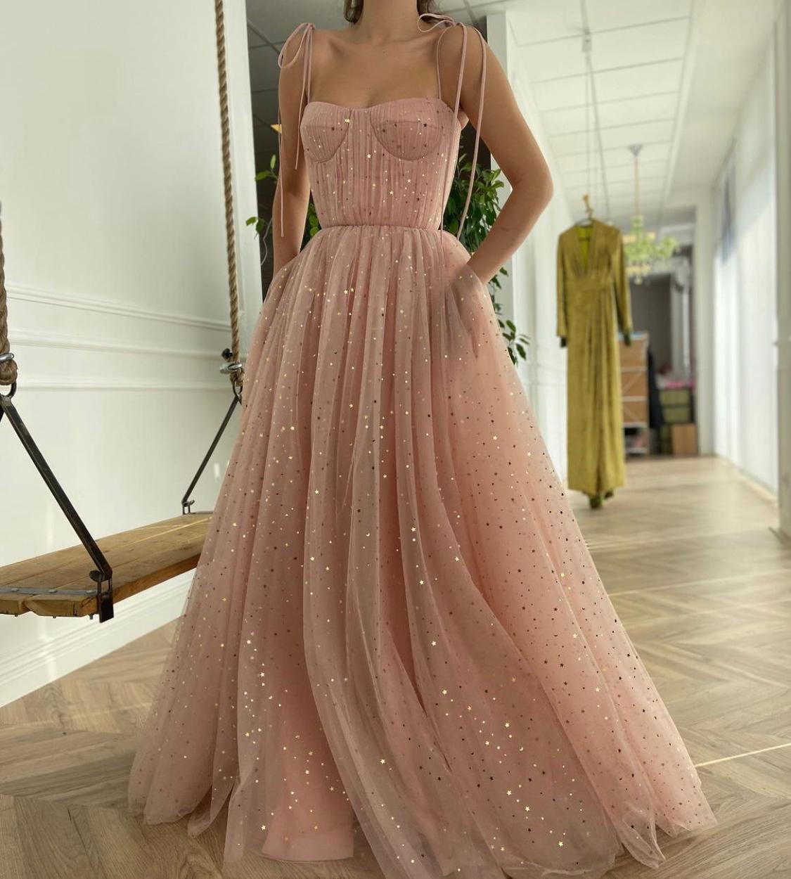 285 Bridalaffair Glitter Gold Stars Dusty Pink Tulle Prom Dresses
