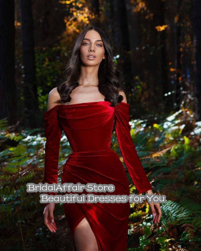 419 New Elegant Long Sleeves Burgundy Velour Evening Dresses