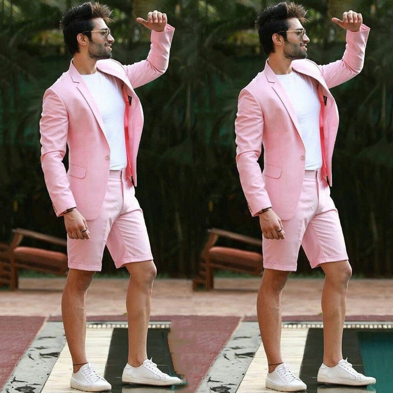 281 Pink Wedding Men Suit With Short Pants Beach Summer Groom