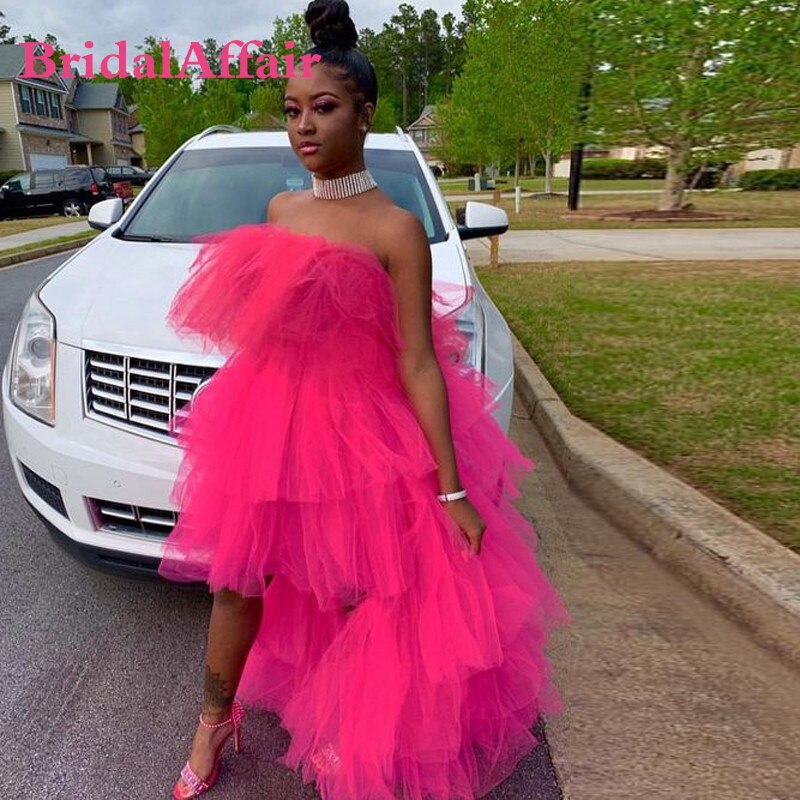 422-Bridalaffair Hot Pink Puffy Prom Dresses Multilayer Vestido De Fiesta Ruffle Tulle Party Dress Strapless High Low Robe D-Description 422-Bridalaffair Hot Pink Puffy Prom Dresses Multilayer Vestido De Fiesta Ruffle Tulle Party Dress Strapless High Low Robe D-Description