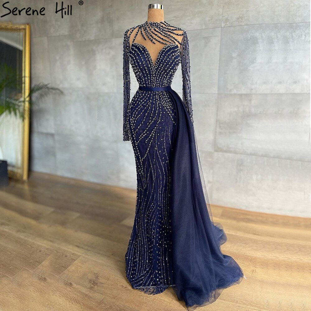 Serene Hill Muslim Navy Blue Luxury Evening Dresses Gowns 2022 Beaded  Mermaid Elegant For Women Party La71359 Evening D Color Navy blue US Size 14