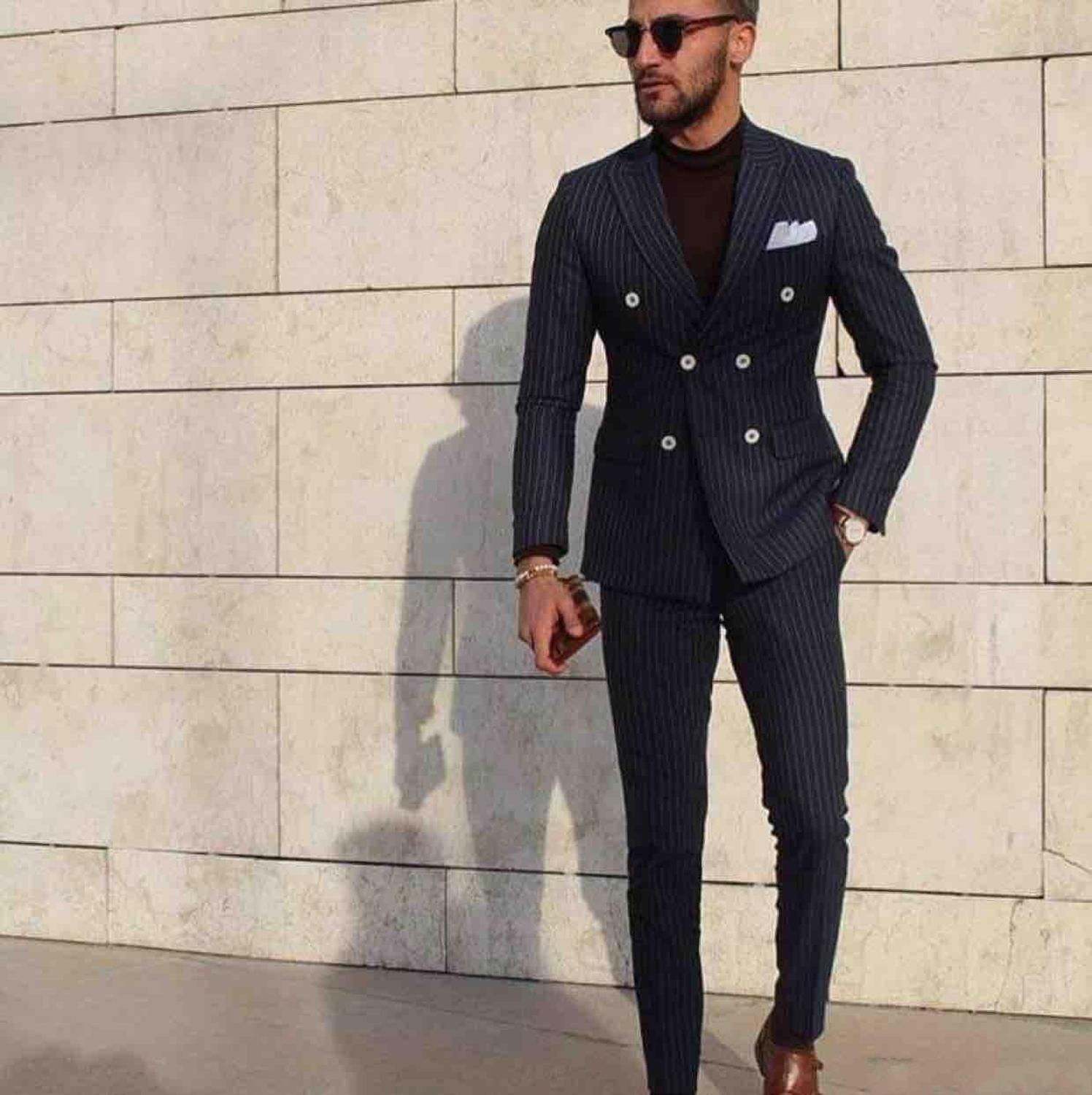 Navy Blue Double Breasted Men Stripe Suit Formal Prom Groom Tuxedos Wedding  Suit