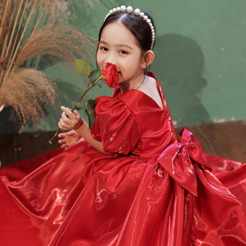 198- New Children Birthday Party Baptism Ball Gown Bow Backless Design  Girls Red Dresses For Easter Eid A1265-Description