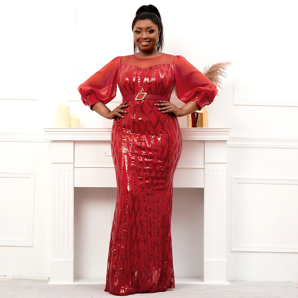 408 Plus Size Stretch Bright Red Sequin Evening Dress Long Sleeve Mermaid Evening Night Party Maxi Dress With Belt Evening Description