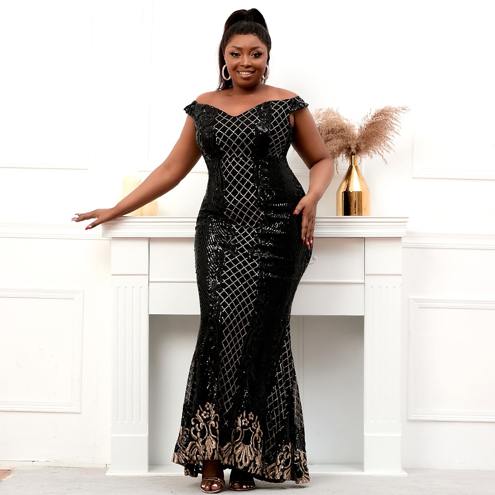 elegant black evening dresses plus size Long Black Floral-Beaded Plus Prom Dress
