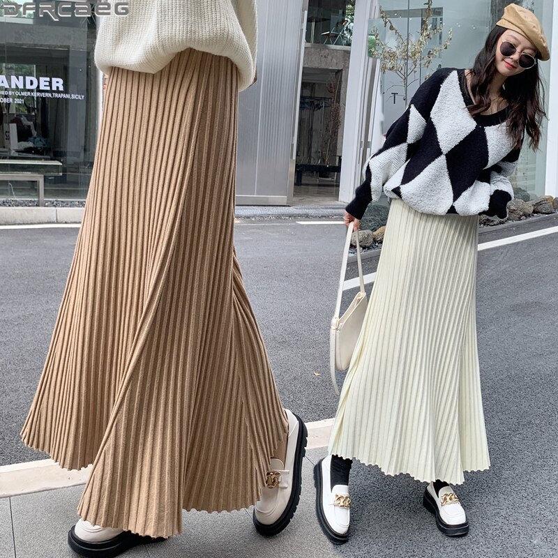 Autumn Winter Long Skirts For Women Casual Streetwear High Elastic Waist Knitted Skirt Solid A Line Big Swing Maxi Skirt