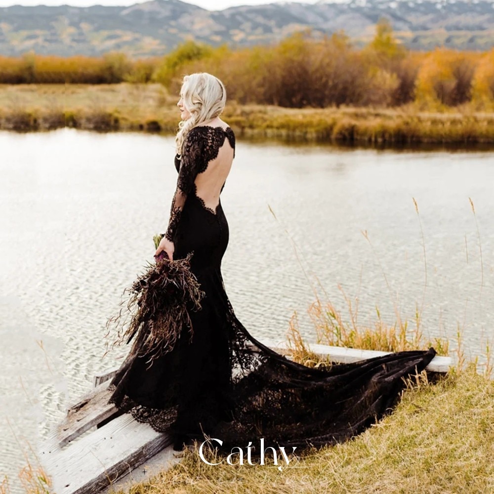 825-Black Wedding Dresses Gothic Mermaid Wedding Dresses Open Back Lace Appliqued Wedding Dresses For Women Custom Vestidos -Description 825-Black Wedding Dresses Gothic Mermaid Wedding Dresses Open Back Lace Appliqued Wedding Dresses For Women Custom Vestidos -Description