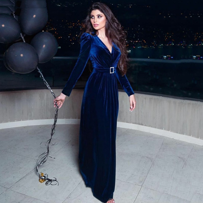 designer blue dresses Dark Blue Velvet Long Tail Rhinestones Embellished Party Gown