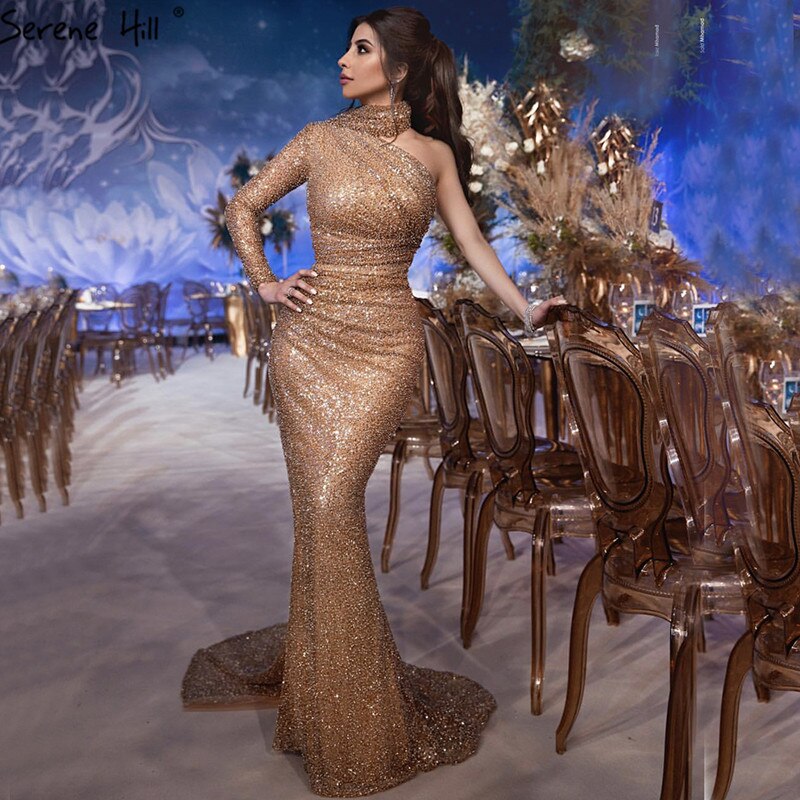 912-Dubai Luxury One Shoulder Gold Evening Dresses Design Mermaid Sparkle  Formal Dress Serene Hill La60966evening Dresses-Description