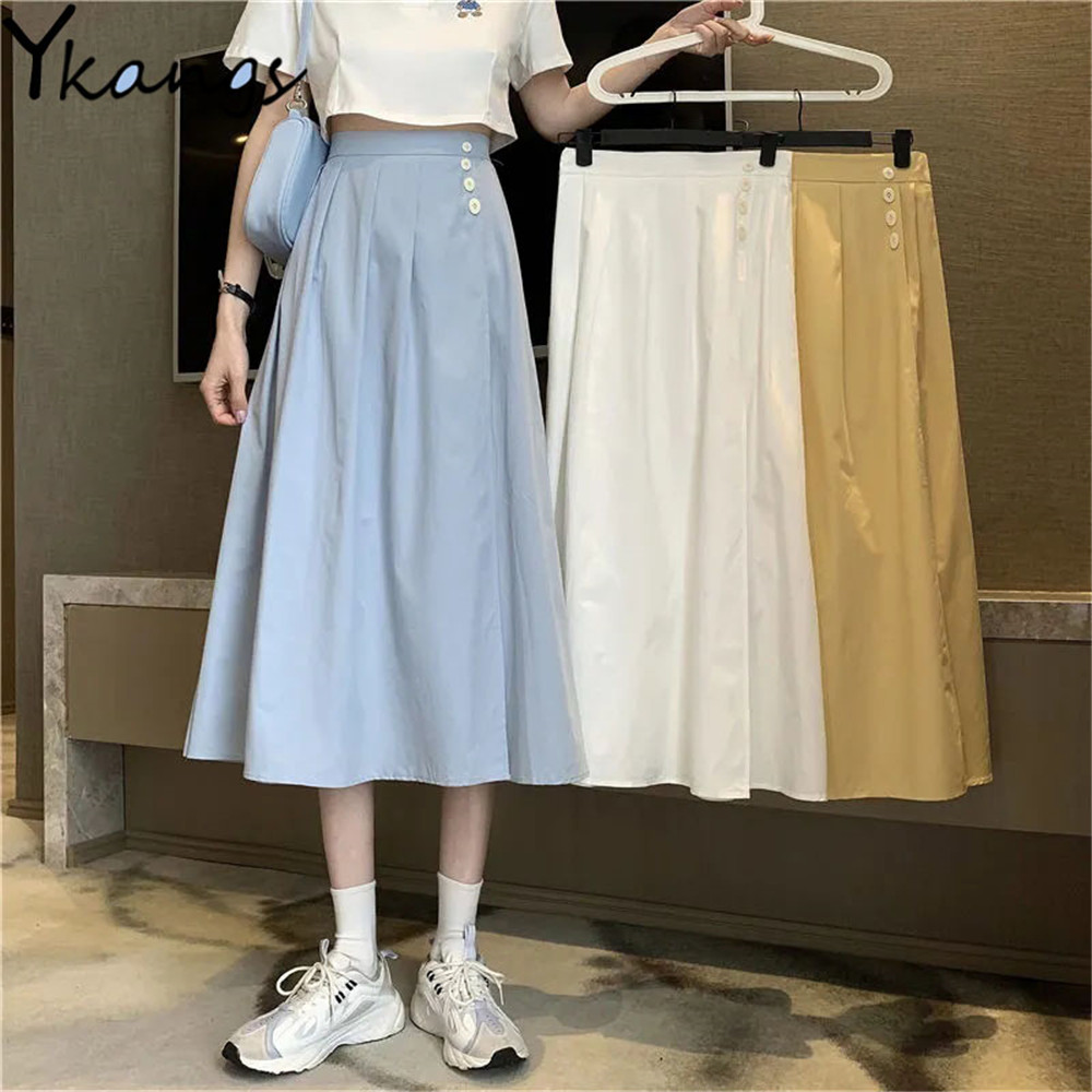 111 Summer Solid Pleated Skirt High Waist Buttons Yellow Blue