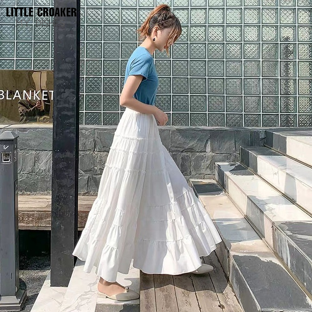 102 Summer Beach White Pleated Skirt Women Party Long Maxi Skirt Female Ruffle High Waist Loose A Line Skirts For Women 2023 Description