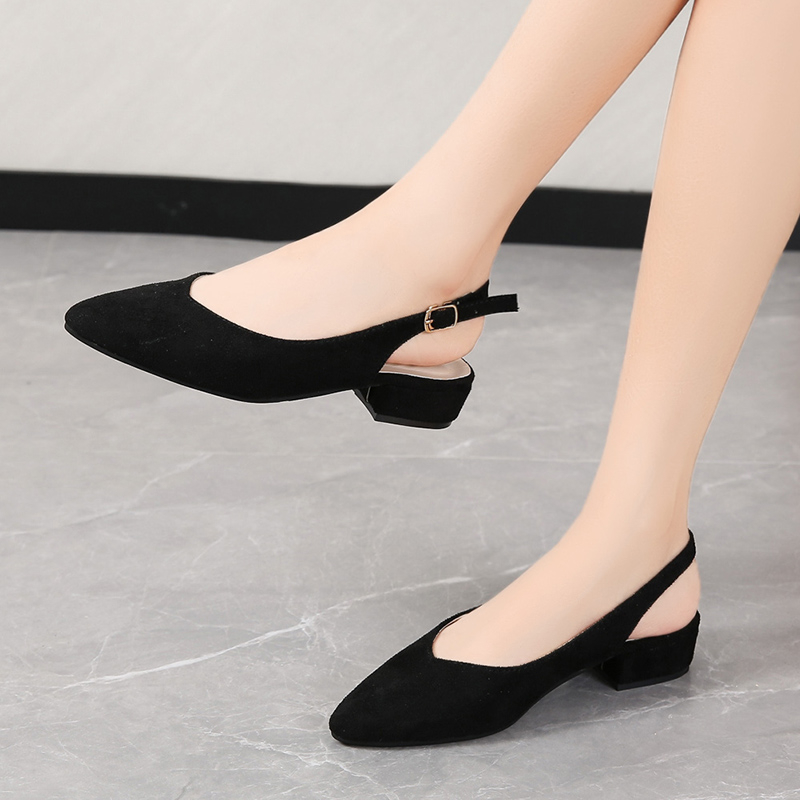 99 Women Pumps Shoes Fashion Elegant Low Thick Heels Pointed Toe Kid Suede Buckle Strap Black Footwear Shoe Description