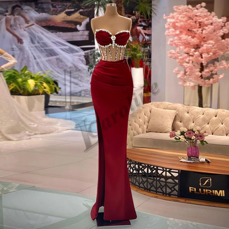 strapless burgundy mermaid dress Mermaid Strapless Burgundy Long Prom Dress with Slit, Mermaid Burgundy –  abcprom