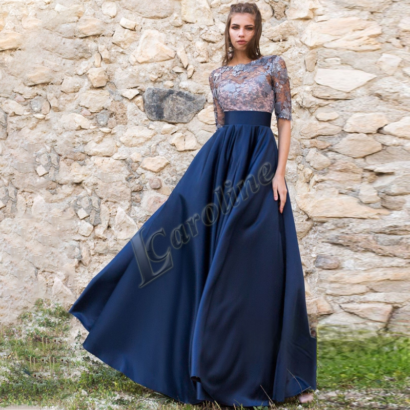 467-Caroline Navy Blue Generous Illusion Pleat Evening Dress Appliques  Lace A Line Prom Gowns Party Made To Order Robes De S-Description
