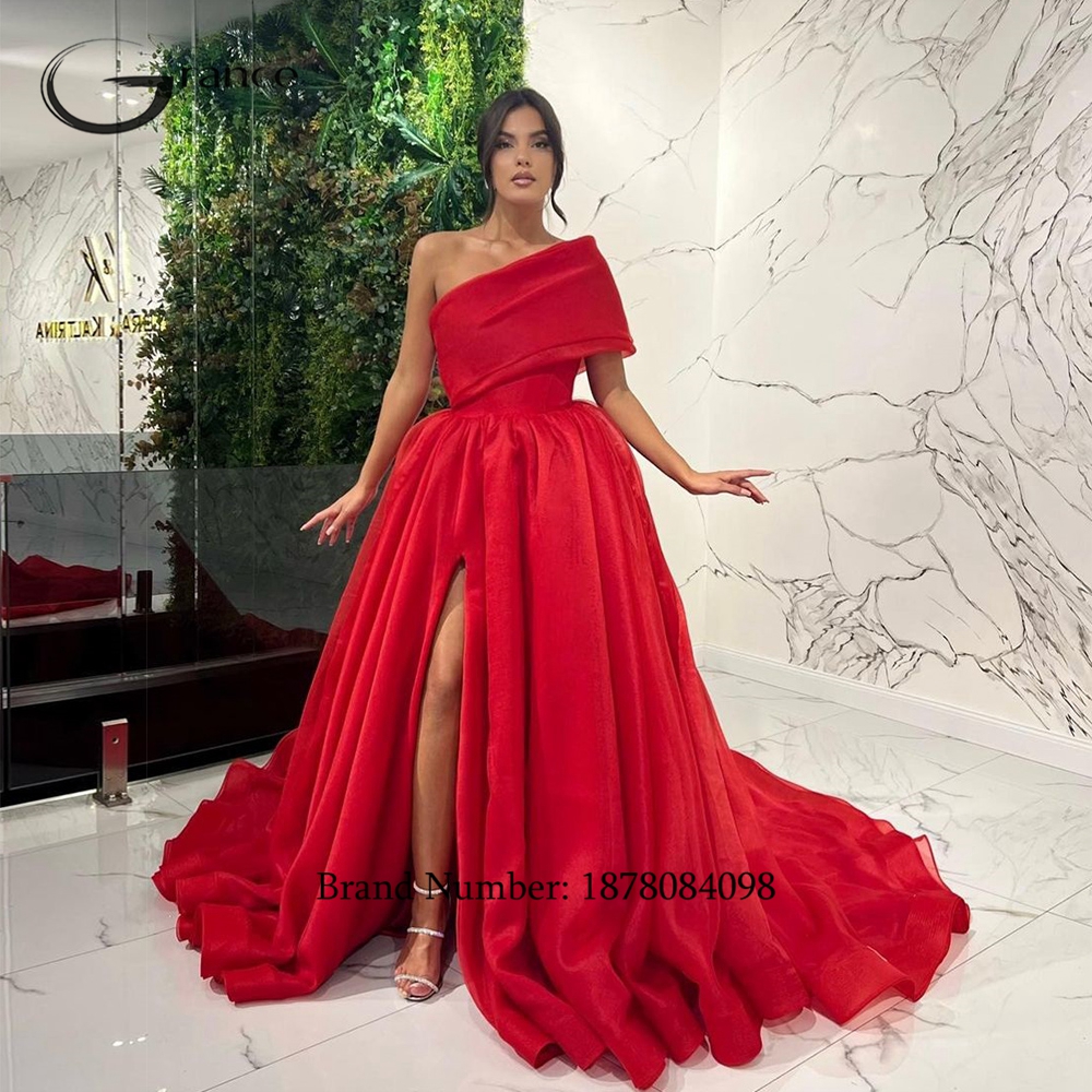 448-One Shoulder Red Asymmetrical Evening Dresses For Party 2023 Organza  Sleeveless Fashion Prom Gowns Summer Vestido De Noc-Description
