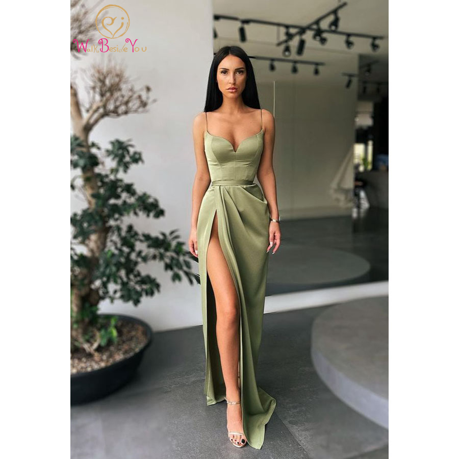 338 Army Green Prom Dress 2023 Long Front High Slit Elatic Satin