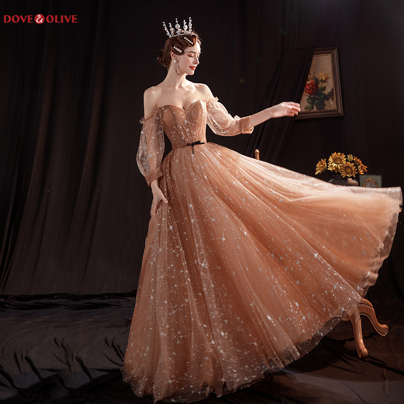 426-Coffee Bling Prom Dresses Long Dress Woman Party Night Off Shoulder  Full Sleeve A Line Sweetheart Evening Gowns Sukienk-Description