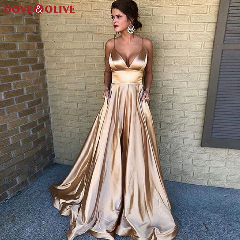 438-Gold Satin A Line Prom Dresses 2023 Women Formal Party Long Spaghetti  Straps Evening Gowns Vestido De Fiesta Elegant Gal-Description