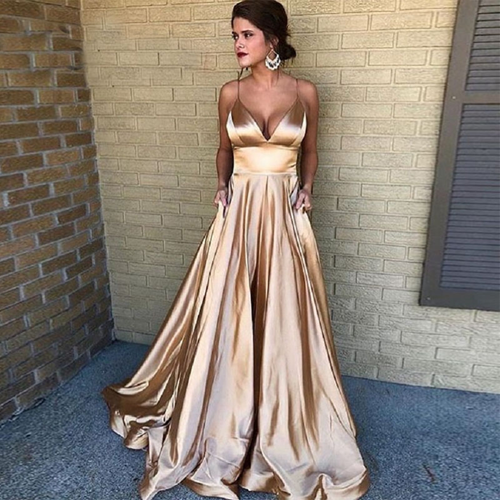 468 Gold Satin A Line Prom Dresses 2023 Women Formal Party Long Spaghetti Straps Evening Gowns Vestido De Fiesta Elegant Gal Description