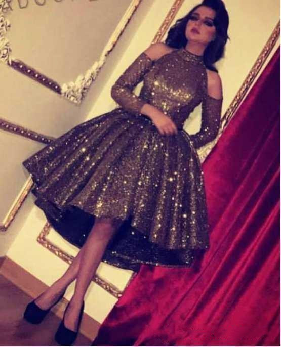522 Fashion Sequined Ball Gown Prom Dress 2023 Women Elegant Long Sleeve Halter Neck Knee Length Formal Off The Shoulder Par Description