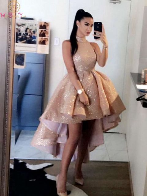 170-Elegant Rose Gold High Neck Prom Dresses Short Front Long Back  Sleeveless Formal Party Evening Gowns Vestido De Gala -Description