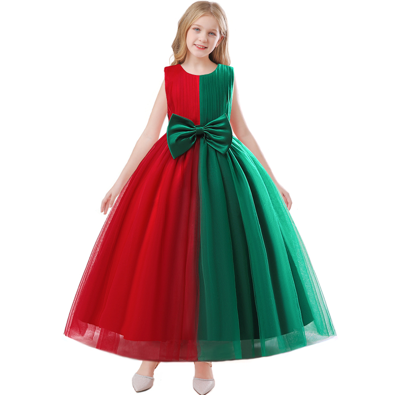 161-2023 Formal Christmas Kids Party Dress For Girls Children Costume  Princess Dresses Red Green Girl Dress Bow Birthday Gow-Description