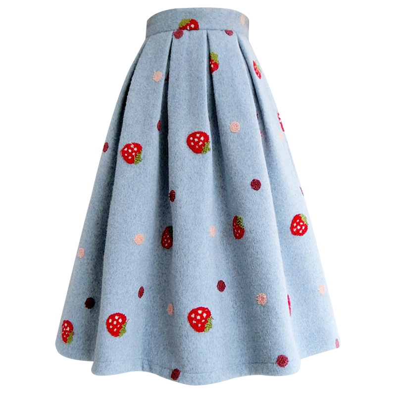 180 Autumn Winter Strawberry Embroidered Woolen Umbrella Skirt Women Thick High Waist Ball Gown Skirt Skirts Description