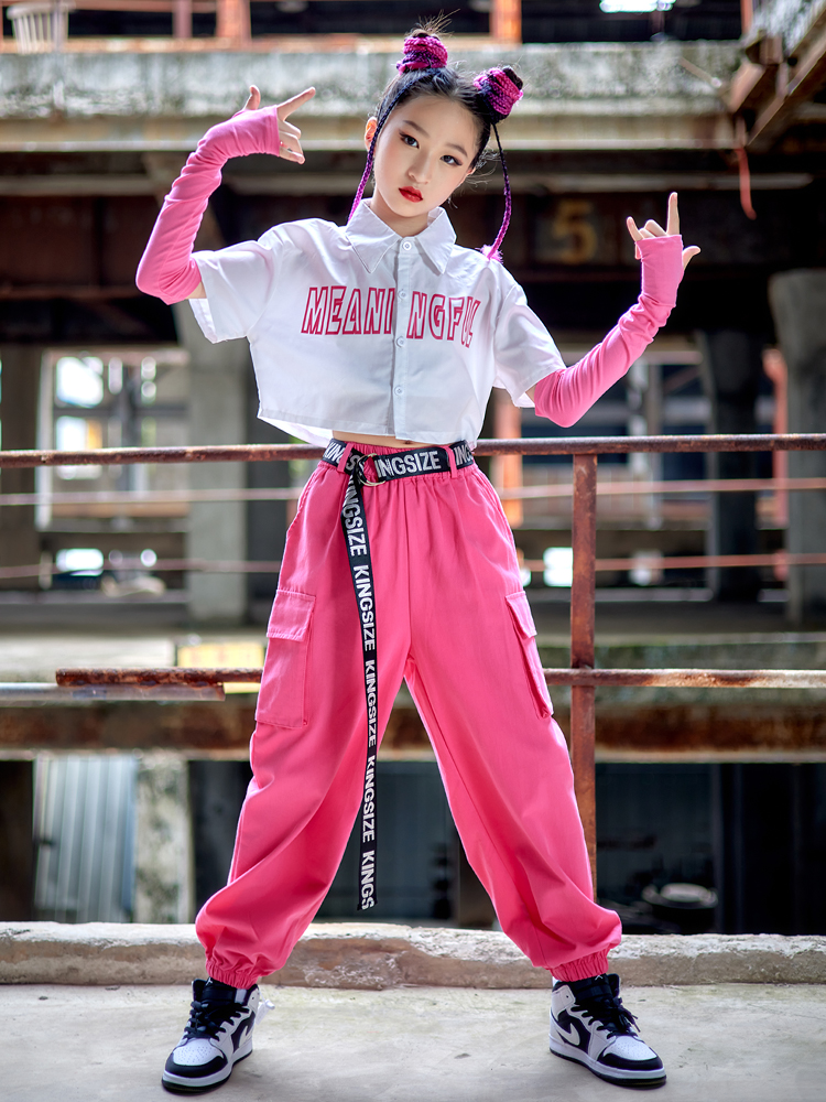 Girls Jazz Dance Costume Modern Hip Hop Clothing Tops Pink Pants For Kids Street Dance Performance Outfit Kpop Stage Wea size 170cm Color Whole Suit