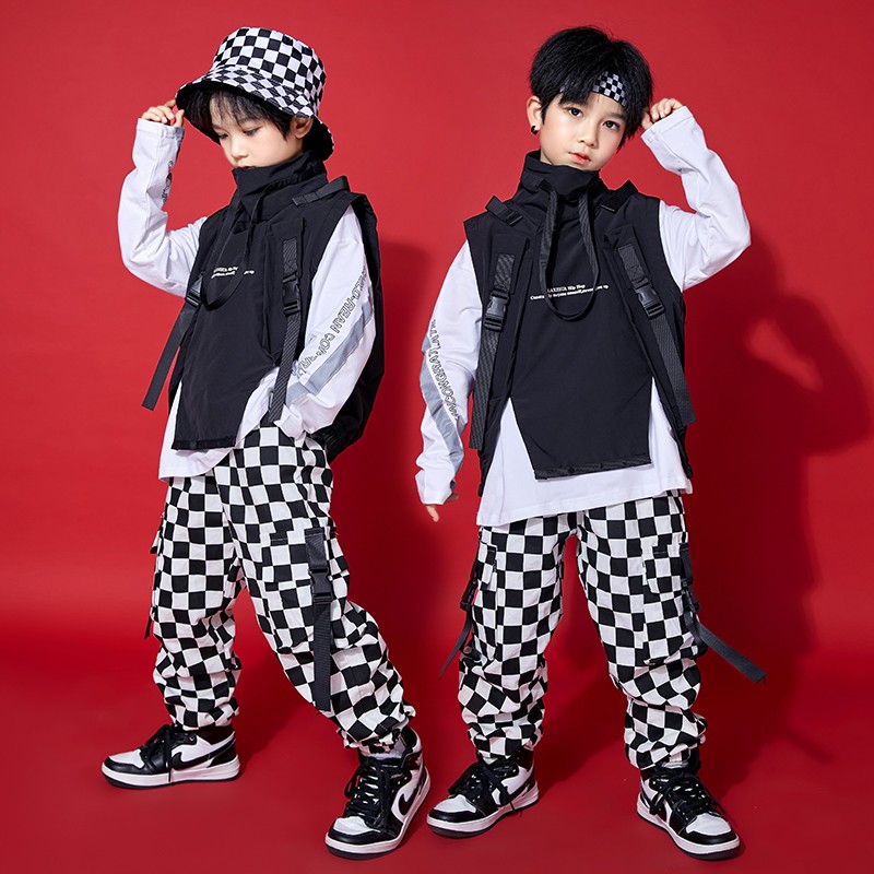 Kids Boys Hiphop Street Dance Costume Loose Vest Tops Plaid Pants Girls Modern Dancing Clothes Rave Performance Wear Bl7