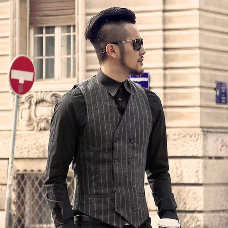124 Mens Vest Striped V Neck Double Breasted Male Gentleman Business Waistcoat Slim Fit Formal Waistcoat Men Wedding Groom Description