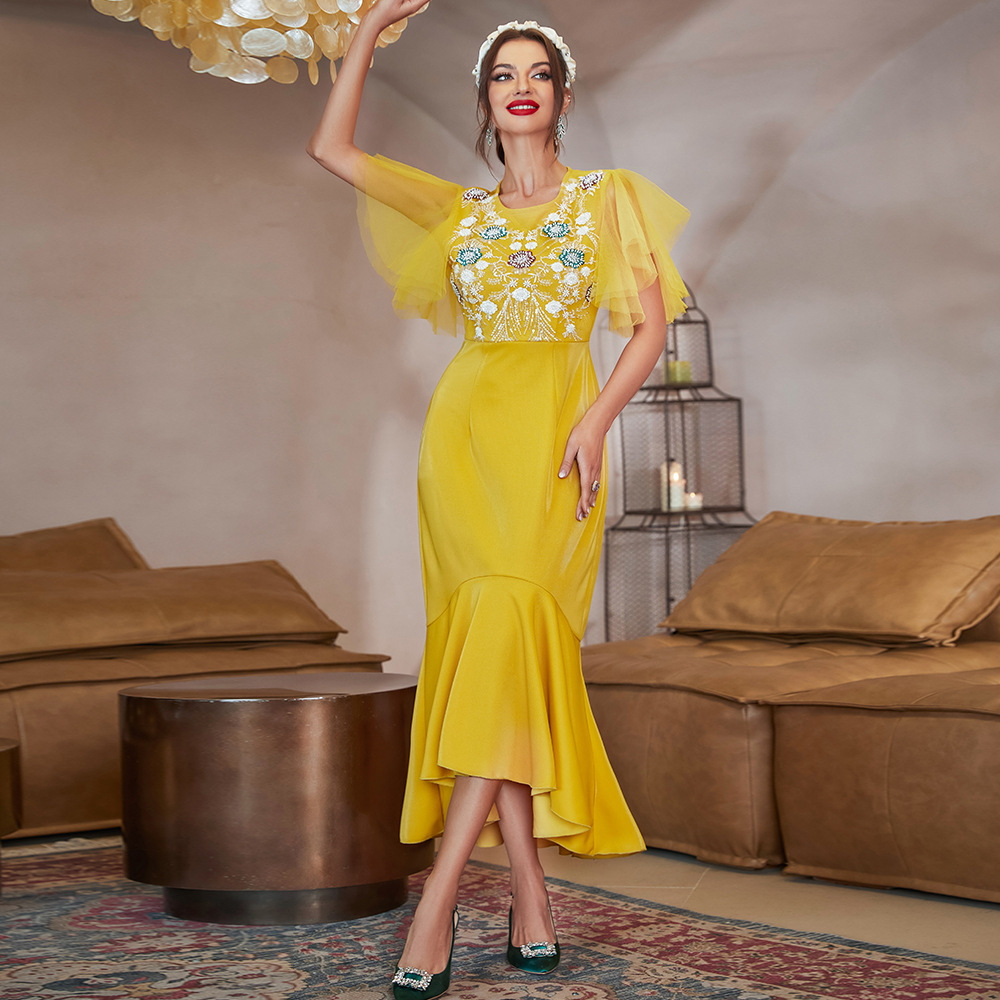 415-Eid Muslim Arabic Dress Women Arabian Party Gown Moroccan Kaftan Abaya  Dubai Summer Yellow Mesh Patchwork Short Sleeve D-Description