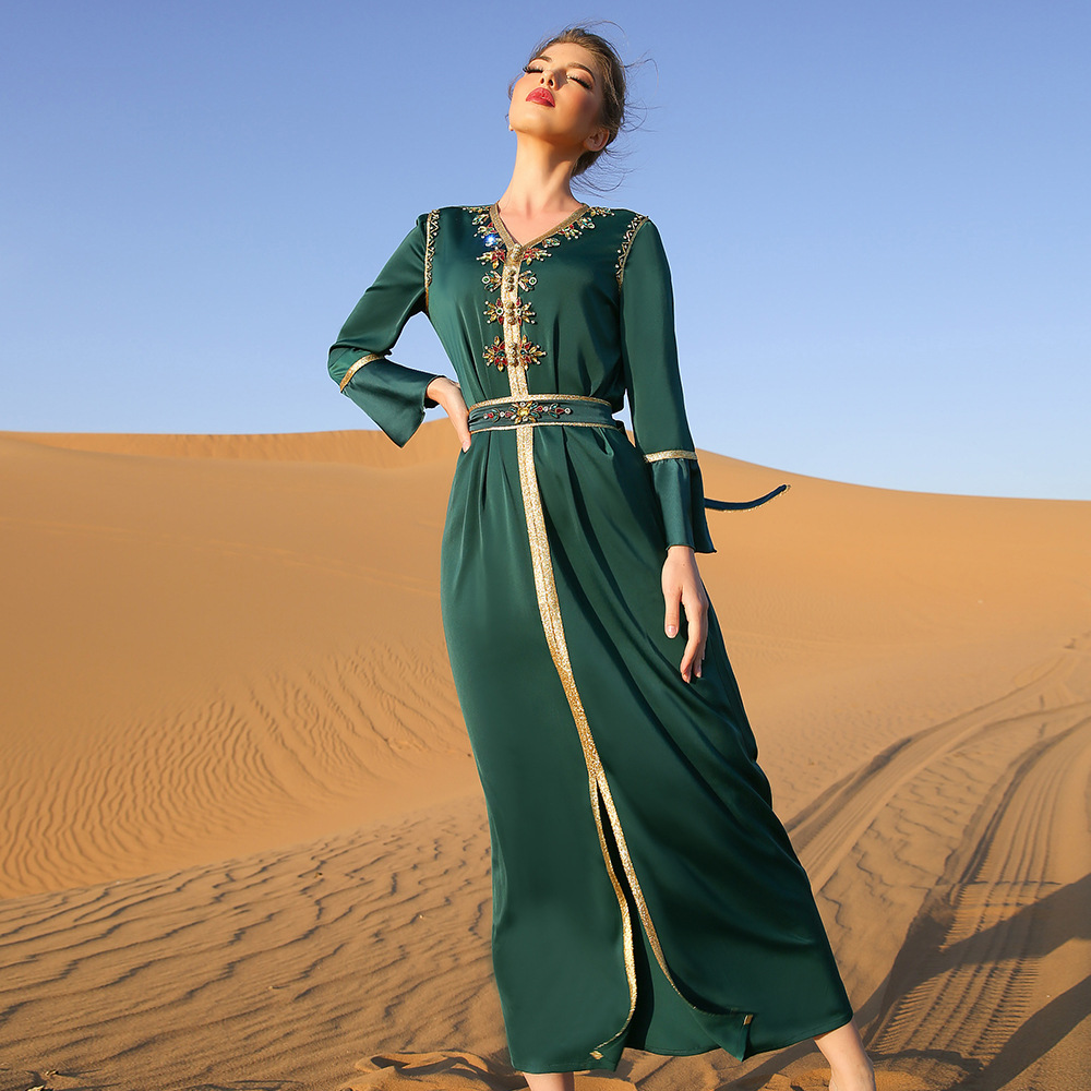 green moroccan dress Royal Green Moroccan Henna Caftan – Gold Embroidered Two Piece main image 1