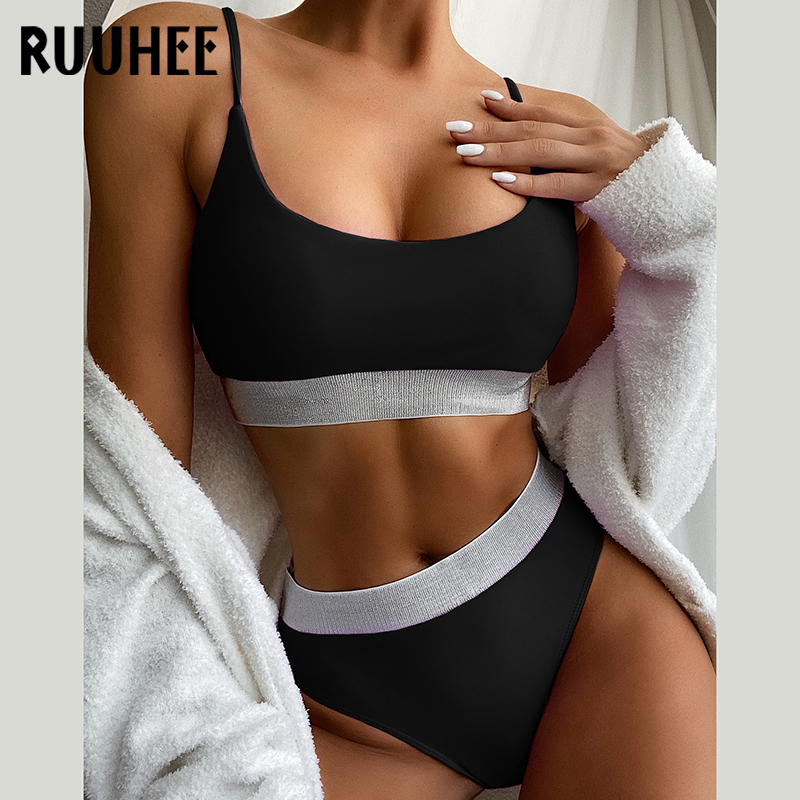 ₪62-Ruuhee High Waist Bikini Set Women Patchwork Solid Push Up