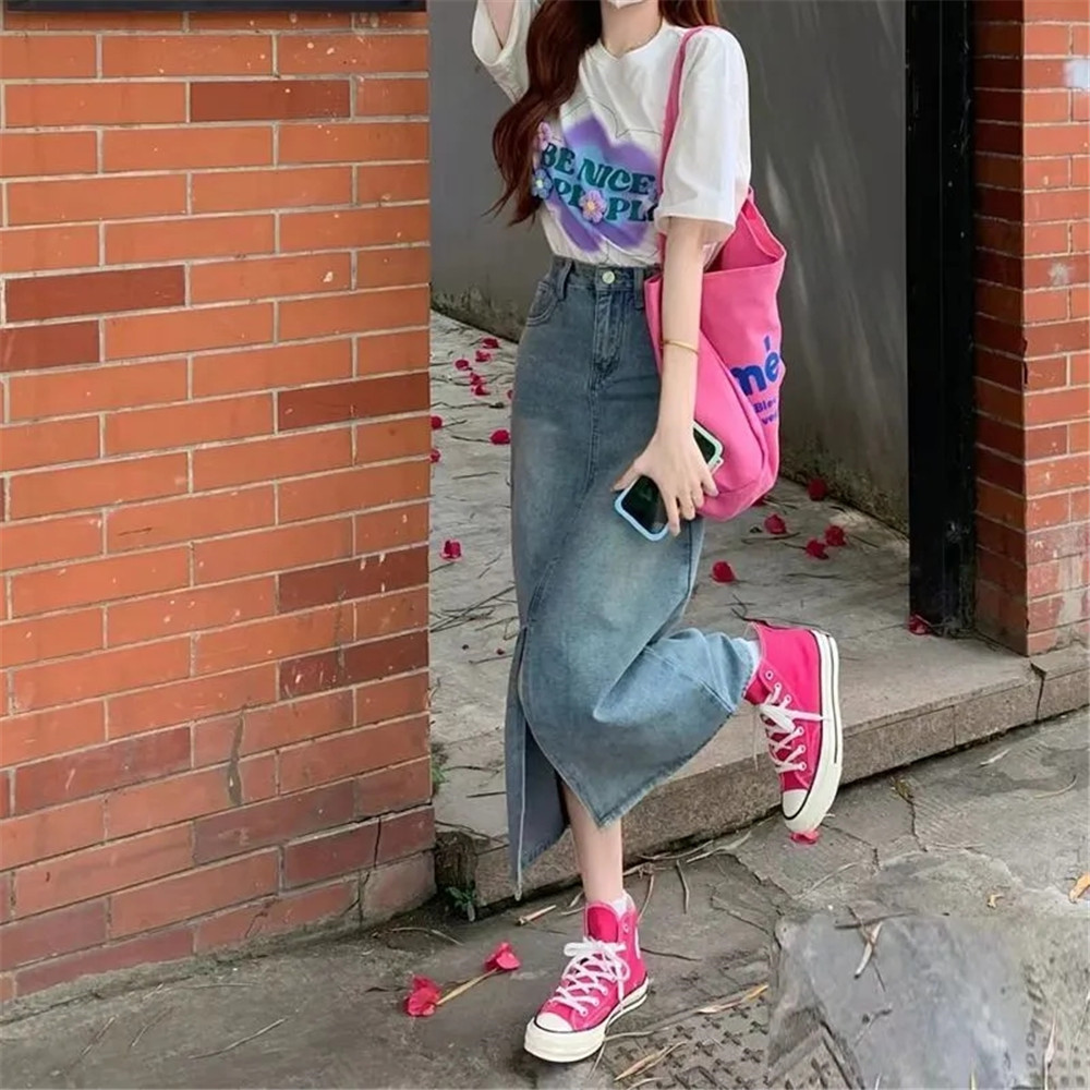 102 Retro Denim Skirts For Women Fashion High Waist Mid Length Blue Split Hip Jeans Skirt Streetwear Party Clothing 4xl Description