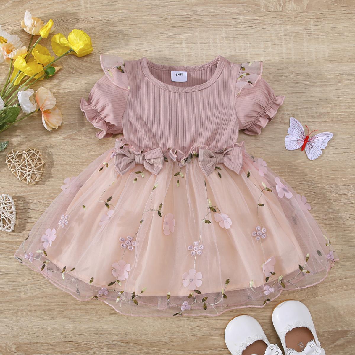 98 Girls Embroidered Dresses Mesh Princess Dress Fly Sleeve Lace