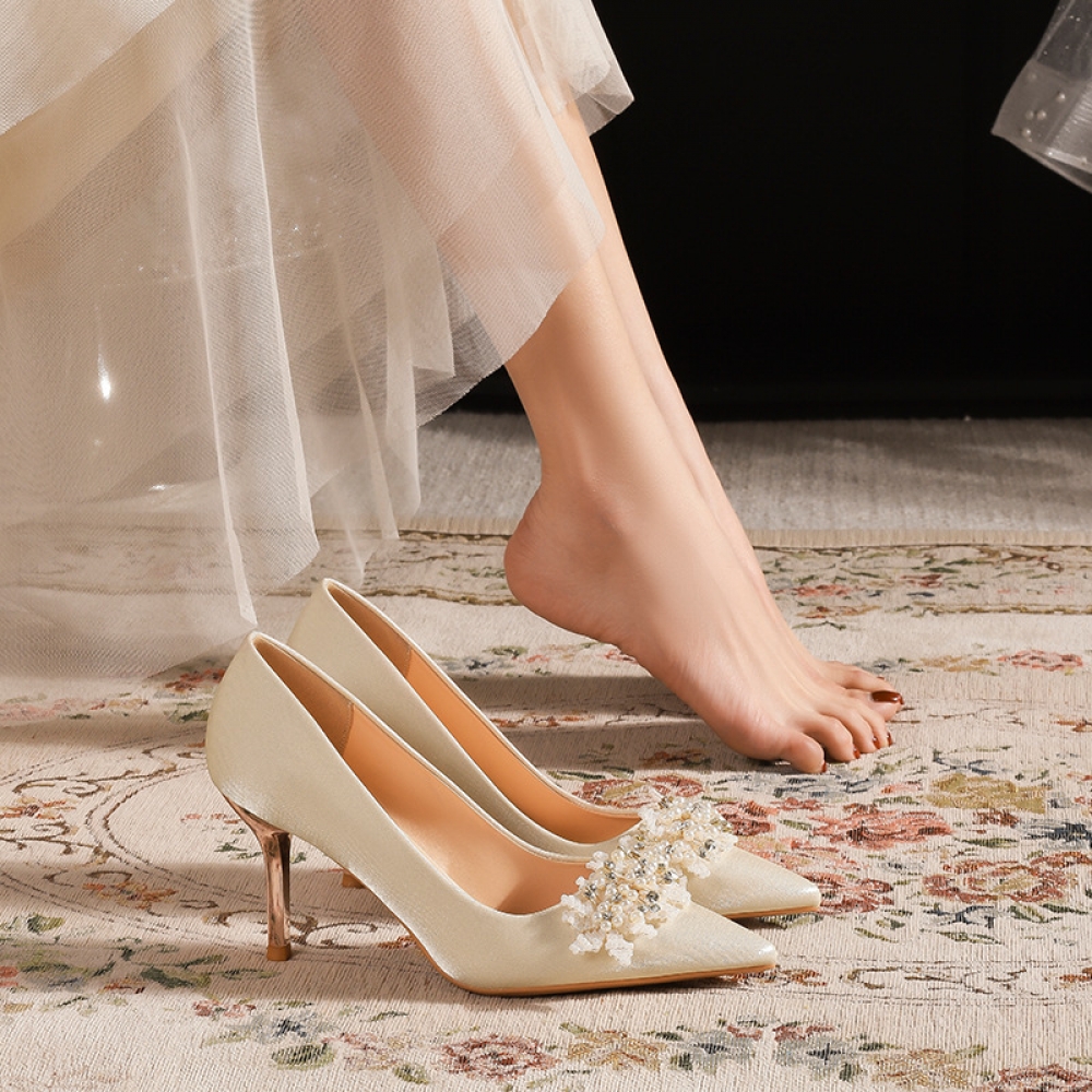 135 French Wedding Shoes Not Tired Feet High end Wedding Shoes Bridal Shoes Champagne Satin High Heels Womens Stiletto Wedd Description