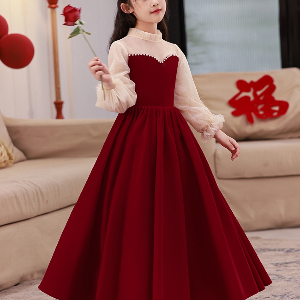 181-Flower Girl Wedding Little Girl Dress Girl Princess Dress Children  Host Red Piano Costume Winter Childrens Ceremony-Description