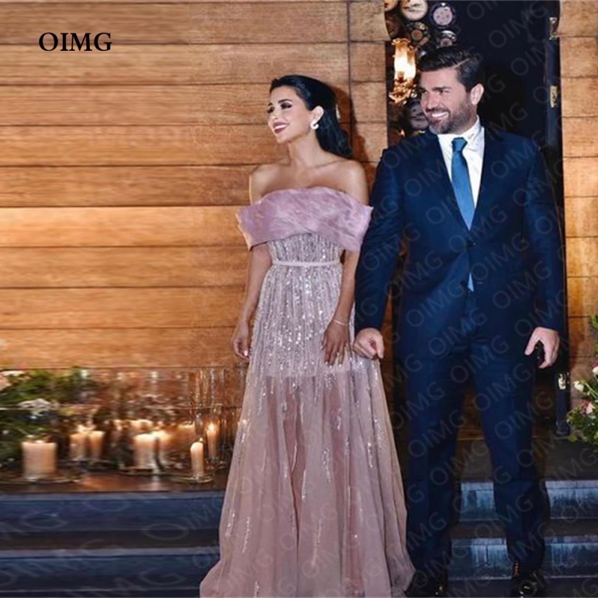 1 Oimg Luxury Pink Sequins Lace Formal Party Dresses Short Sleeves Off Shoulder Evening Gowns Night Club Dress Robe De Soi Description